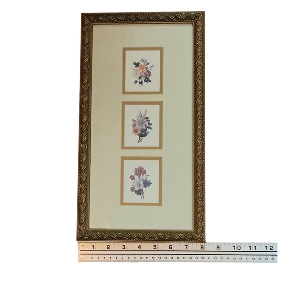 Vintage Flower Trio Prints Matted & Framed Beige Cream Background Gold Frame 15" - Picture 7 of 8